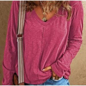 Laurel V-Neck Oversized‎ Exposed Seam Long Sleeve Boho T-Shirt NWOT WOMEN'S